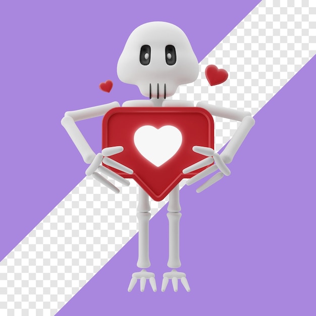 PSD esqueleto segurando o ícone de um coração ilustração 3d