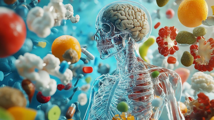 PSD esqueleto translúcido rodeado de alimentos y pastillas de colores que destacan la salud y la nutrición del cerebro
