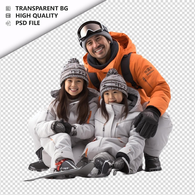 PSD esquí de familia asiático estilo ultra realista fondo blanco