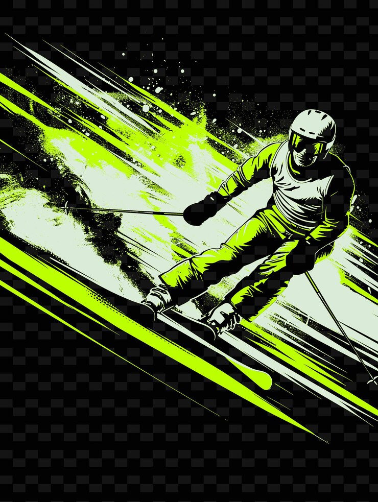 PSD esquiador corriendo por la pendiente con velocidad con una ilustración de postura dinámica fondo deportivo plano 2d