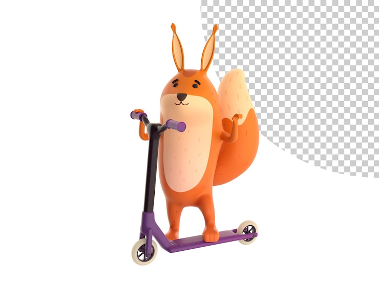 PSD esquilo feliz dos desenhos animados com uma ilustração infantil 3d de scooter de acrobacias