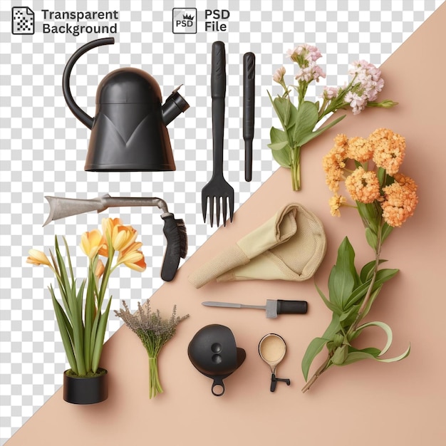 PSD essentiels du jardinage sur les outils verts et les plantes objet isolé