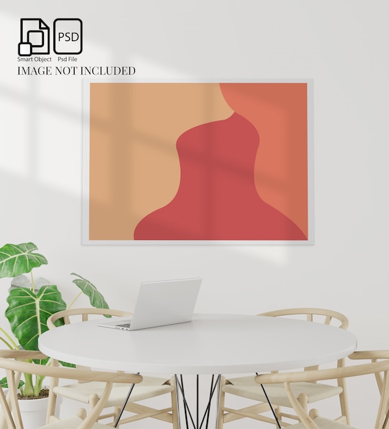 Esszimmer und Tischset kopieren Platz auf weißem Hintergrund, Vorderansicht, Notizbuch, weiße Wand für Modellarbeit, 3D-Rendering