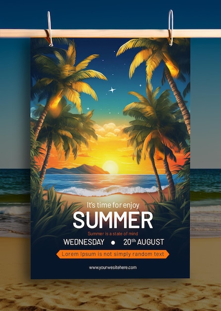PSD c'est l'heure d'été, concept de conception d'affiche de fête sur la plage de summers embrassés par le soleil tropical
