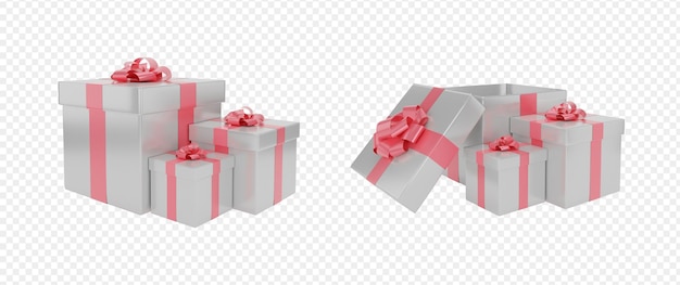 PSD establecer cajas de regalo con lazo rosa y elementos de cinta conjunto aislado sobre fondo blanco