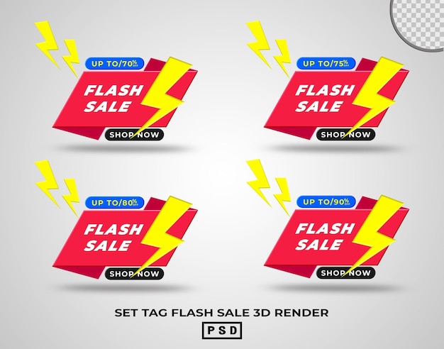 PSD establecer etiqueta flash venta descuento promoción color rojo 3d render