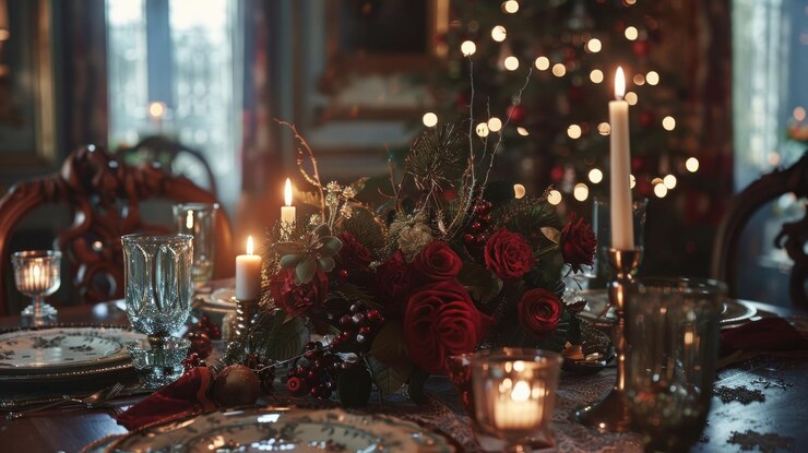 PSD establecimiento festivo de la mesa de navidad con velas de rosas rojas y un árbol de navidad borroso en el fondo