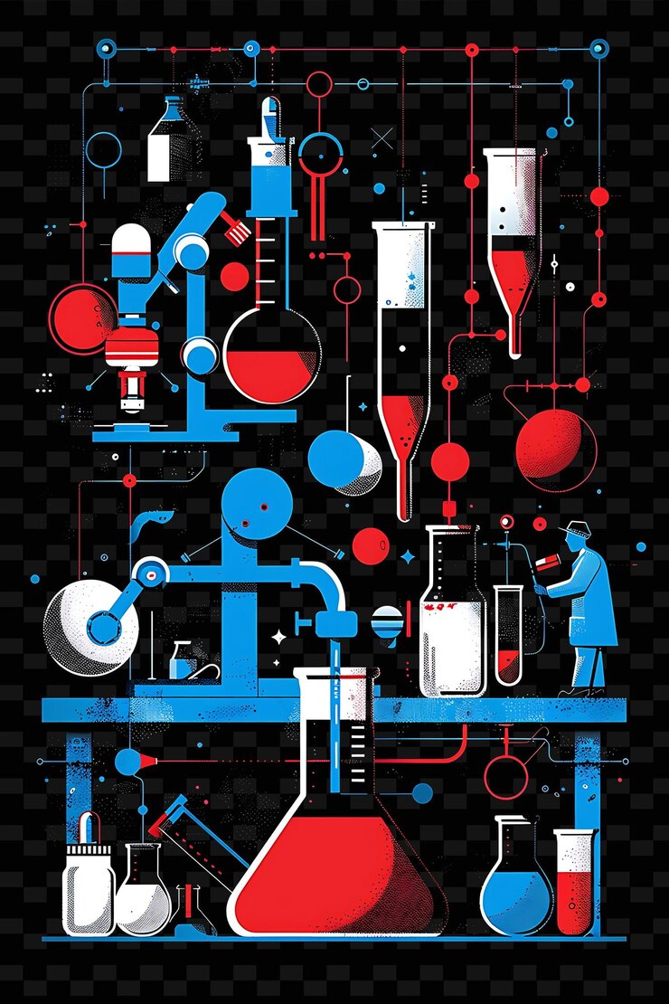 PSD establecimiento de laboratorio de investigación con científicos e ingenieros para el diseño de carteles de ilustración elect flat