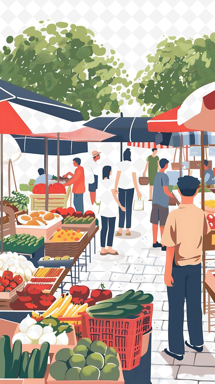 PSD establecimiento del mercado de agricultores con vendedores y clientes para el diseño de carteles ilustrativos planos de electi