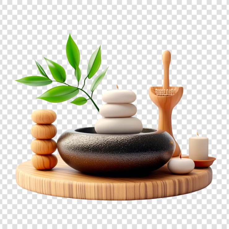 PSD establecimiento de spa zen con piedras de bandeja de madera y velas en un fondo transparente