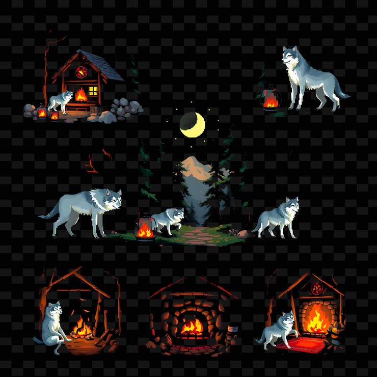 PSD establezca la cabaña del bosque con lobos pieles de lobo pelaje lanza chimeneas de piedra wo png diseño de elementos de la casa