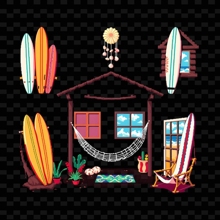 PSD establezca una cabaña en la playa con tablas de surf en las paredes seashel png house element designsl