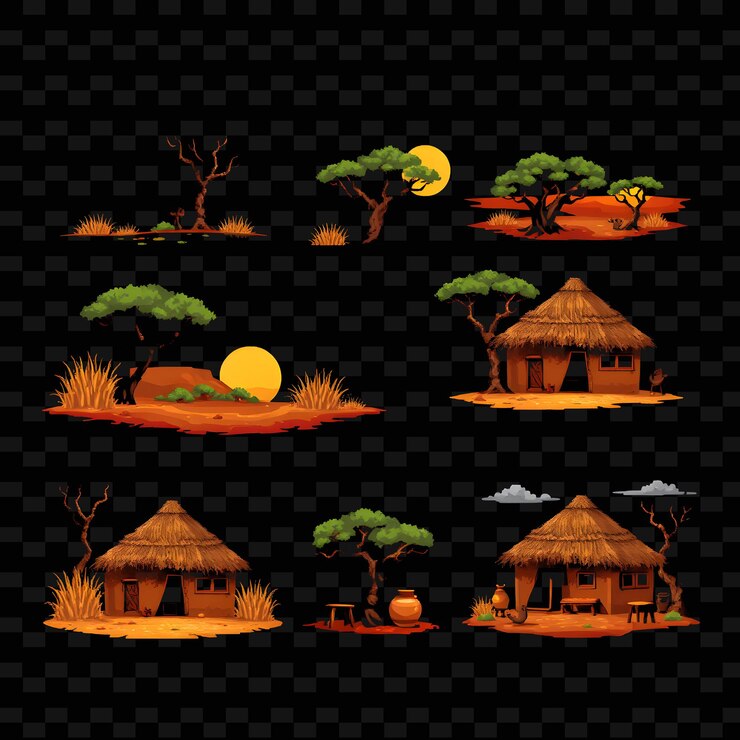 PSD establezca cabañas de sabana con árboles de acacia hierbas secas tierra cocida al sol diseños de elementos de casa de png de madera