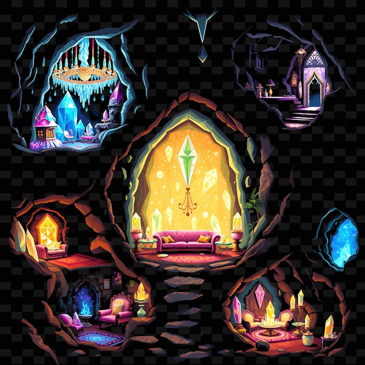 PSD establezca las casas de la cueva de cristal con una decoración brillante candelabros de cristal glitte diseño de elementos de la casa png