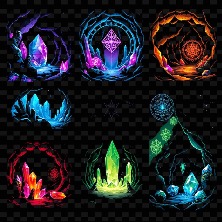 PSD establezca cavernas de cristal con símbolos cósmicos cristales iridescentes reflejan ali png diseño de elementos de la casa