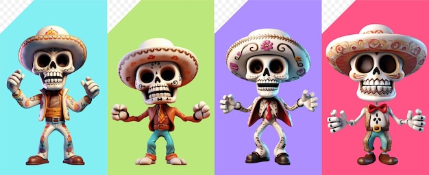 Establezca los esqueletos de dibujos animados en un traje masculino mexicano con un sombrero
