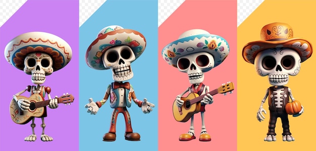 PSD establezca los esqueletos de dibujos animados en un traje masculino mexicano con un sombrero