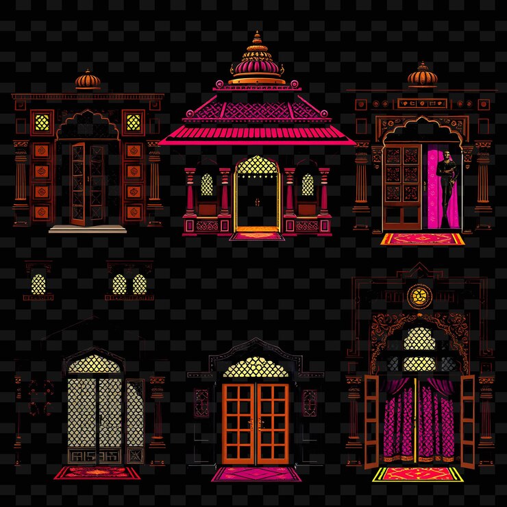 PSD establezca el haveli indio con elegancia real ornado puertas de madera jali ventanas diseños de elementos de casa png