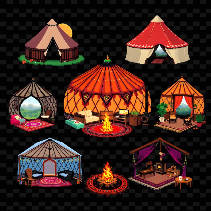PSD establezca yurts bohemias con espíritu nómada paredes redondas alfombras coloridas y lo png diseños de elementos de la casa
