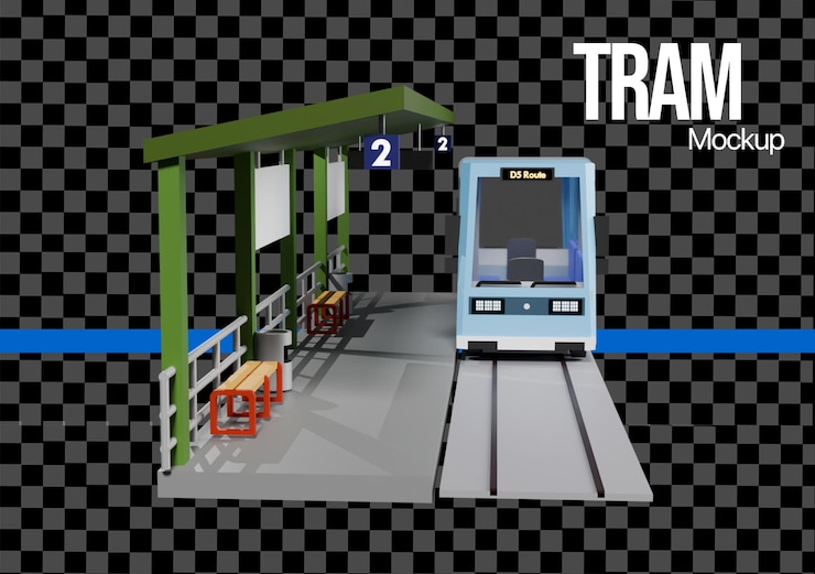 PSD una estación 3d con parada de tranvía o tren en la maqueta de la plataforma