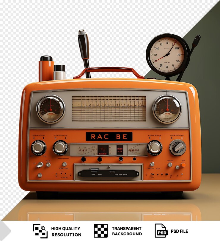 PSD una estación de radio con un reloj blanco y negro y una radio naranja contra una pared verde con una sombra negra en primer plano