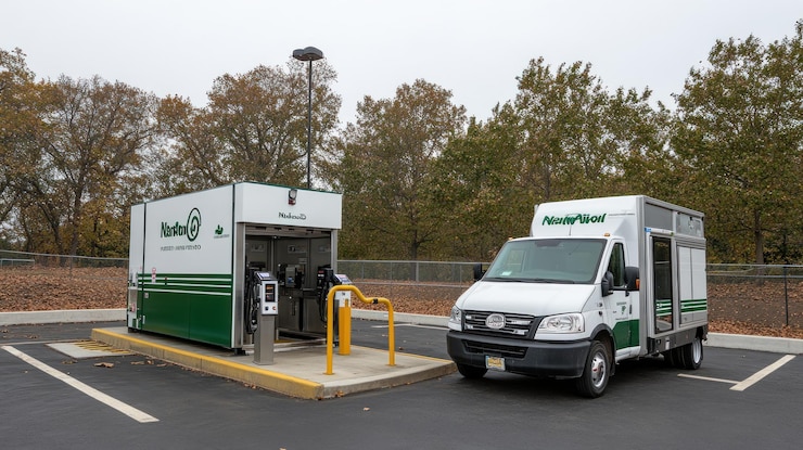 PSD estación de reabastecimiento de hidrógeno de nurtiroot con camión de entrega que promueve el transporte sostenible