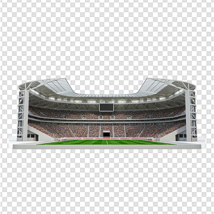 un estadio con un campo de fútbol verde y blanco con un campo verde en el medio