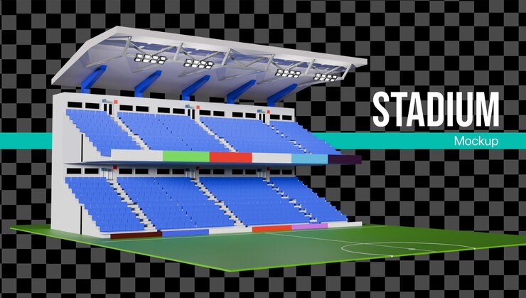 PSD estádio de futebol 3d com modelo de assento e campo