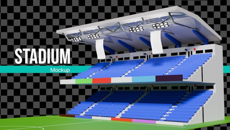 PSD estádio de futebol 3d com modelo de assento e campo