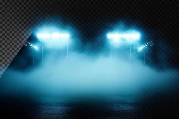 Estadio de fútbol iluminado en la oscuridad rodeado de efecto de superposición transparente de niebla
