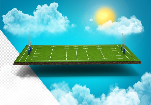 Estadios de rugby en las nubes del cielo en movimiento ilustración 3d de destello de lente de luz solar