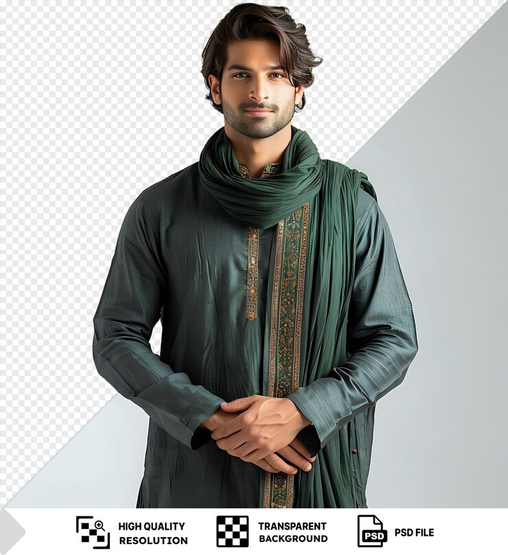 PSD estado de ánimo festivo transparente para un hombre con un vestido verde y una bufanda con cabello marrón y una mano visible de pie frente a una pared gris y blanca png psd