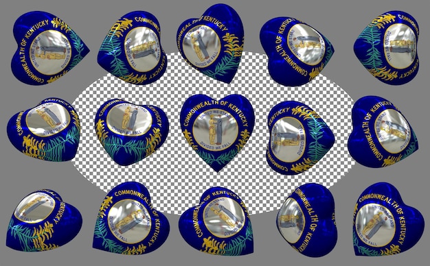 Estado de Kentucky 3D Bandera del corazón aislada Diferentes posiciones Renderización 3D