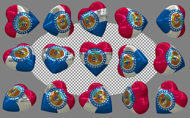 Estado de Missouri 3D Bandera del corazón aislada en diferentes posiciones Renderización 3D