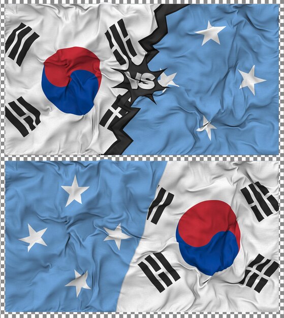 Estados Federados de Micronesia contra Corea del Sur Media bandera combinada tela golpea textura renderización en 3D