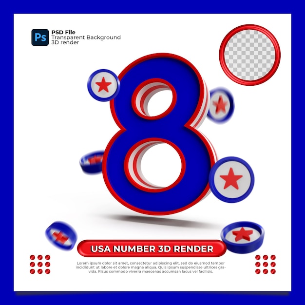 Estados unidos número 8 estilo de bandera de renderizado 3d con elementos estrella escudo