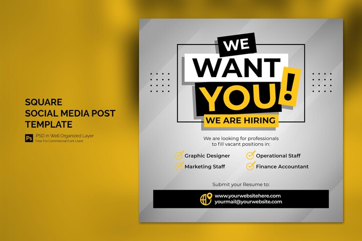 PSD estamos contratando un banner cuadrado de vacante de empleo o una plantilla de publicación en redes sociales