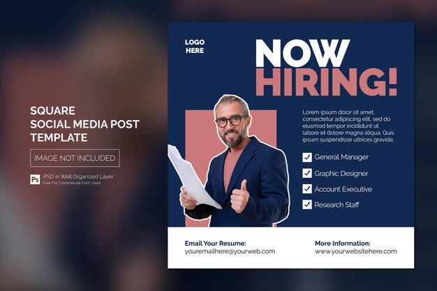 Estamos contratando banner quadrado de vaga de emprego ou modelo de postagem de mídia social
