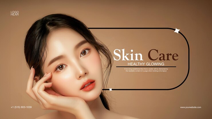 Estampa de banner de belleza facial para el cuidado de la piel con modelo de belleza coreana con maquillaje natural tocando suavemente su rostro rutina de cuidado de la cara