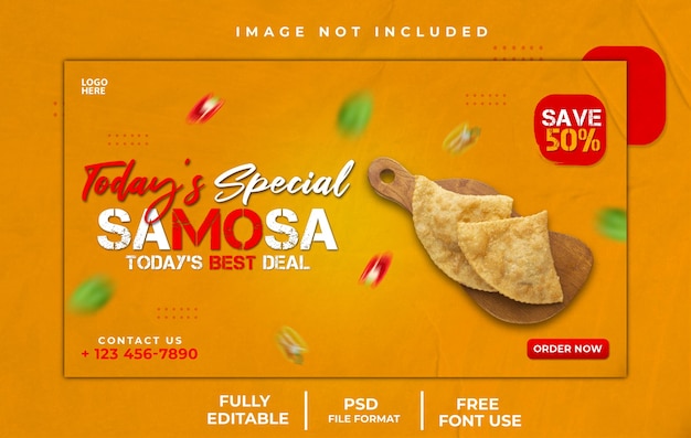 Estampa de banner web de samosas deliciosas y menús de comida
