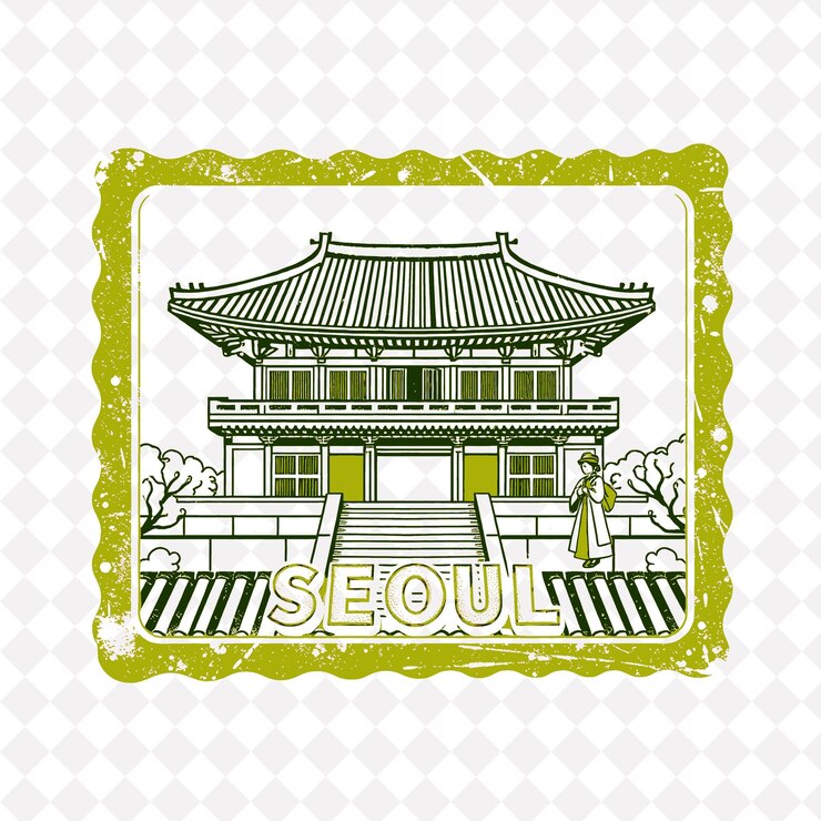 PSD estampa cidade de seul com cor de ferrugem monocromática palácio de gyeongbokgung e decorações de hanbok riscadas s