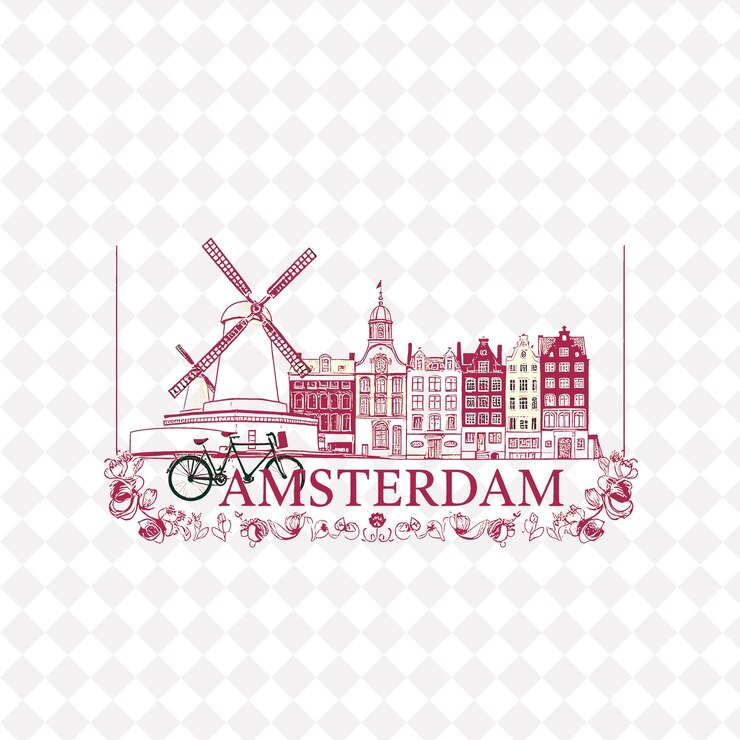PSD estampa da cidade de amsterdã com monocromática cor laranja moinhos de vento e bicicletas decorações aquarela sta