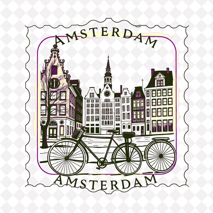 PSD estampa da cidade de amsterdã com monocromia cor púrpura pastel decoração da casa de anne frank aquarela suave