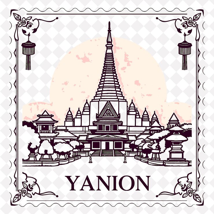 PSD estampa da cidade de yangon com monocromática cor mauve shwedagon pagoda e decoração tradicional de dança birmanesa