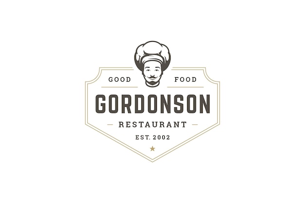 Estampa de design de logotipo geométrico de restaurante italiano premium cabeça de chef com borda de estrela