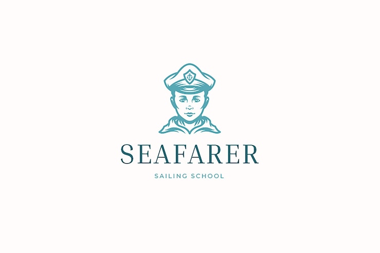 PSD estampa de diseño de logotipo de boceto azul monocromático de retrato de marinero de la escuela de vela