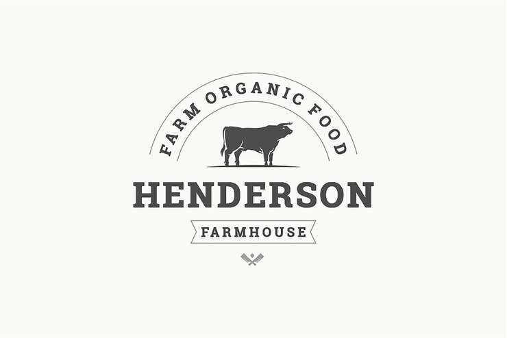 PSD estampa de diseño de logotipo premium del mercado local de la granja vaca toro con ejes cruzados