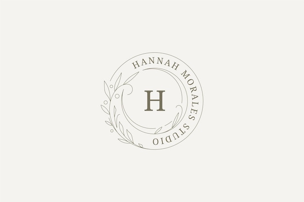 Estampa de diseño de logotipo de la rama natural con hojas, bayas, línea de círculo