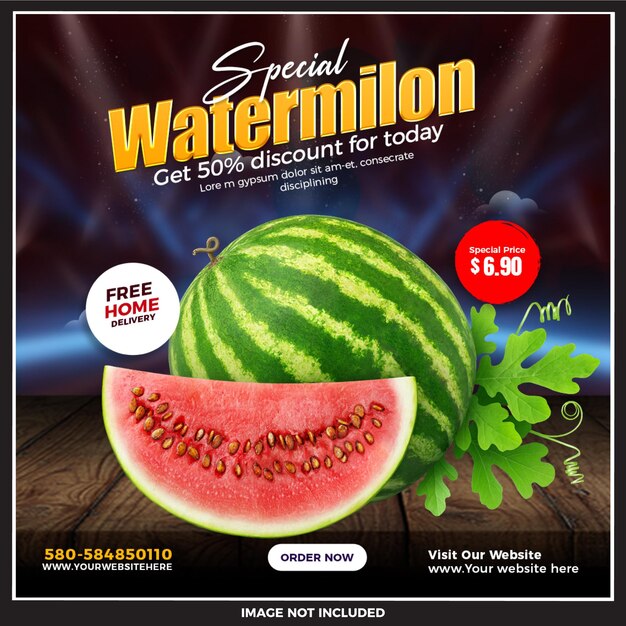 Estampa especial de verão de banner quadrado de watermilon ou postagem de mídia social