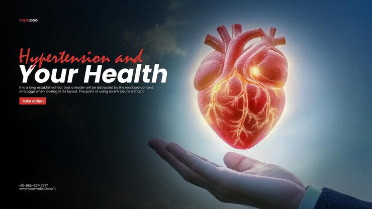 PSD estampa de pancarta de control de hipertensión con la mano en el traje sostiene un corazón humano brillante que simboliza la atención médica universal